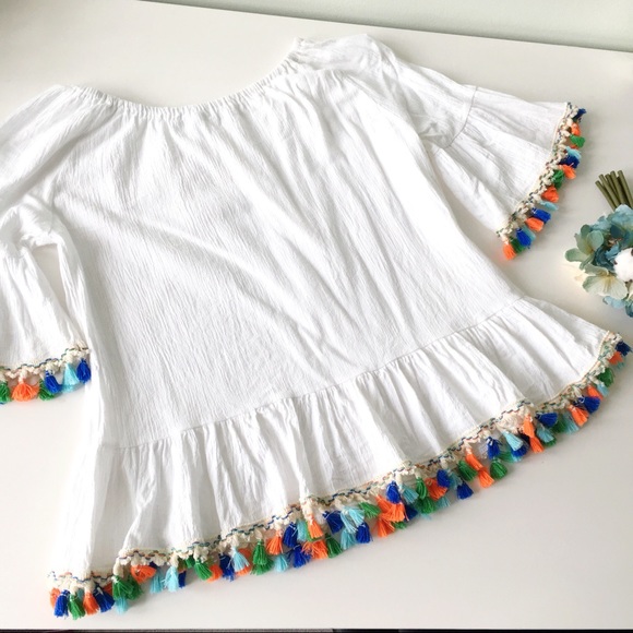 Chicwish Tops - White Off Shoulder Top with Colorful Tassels